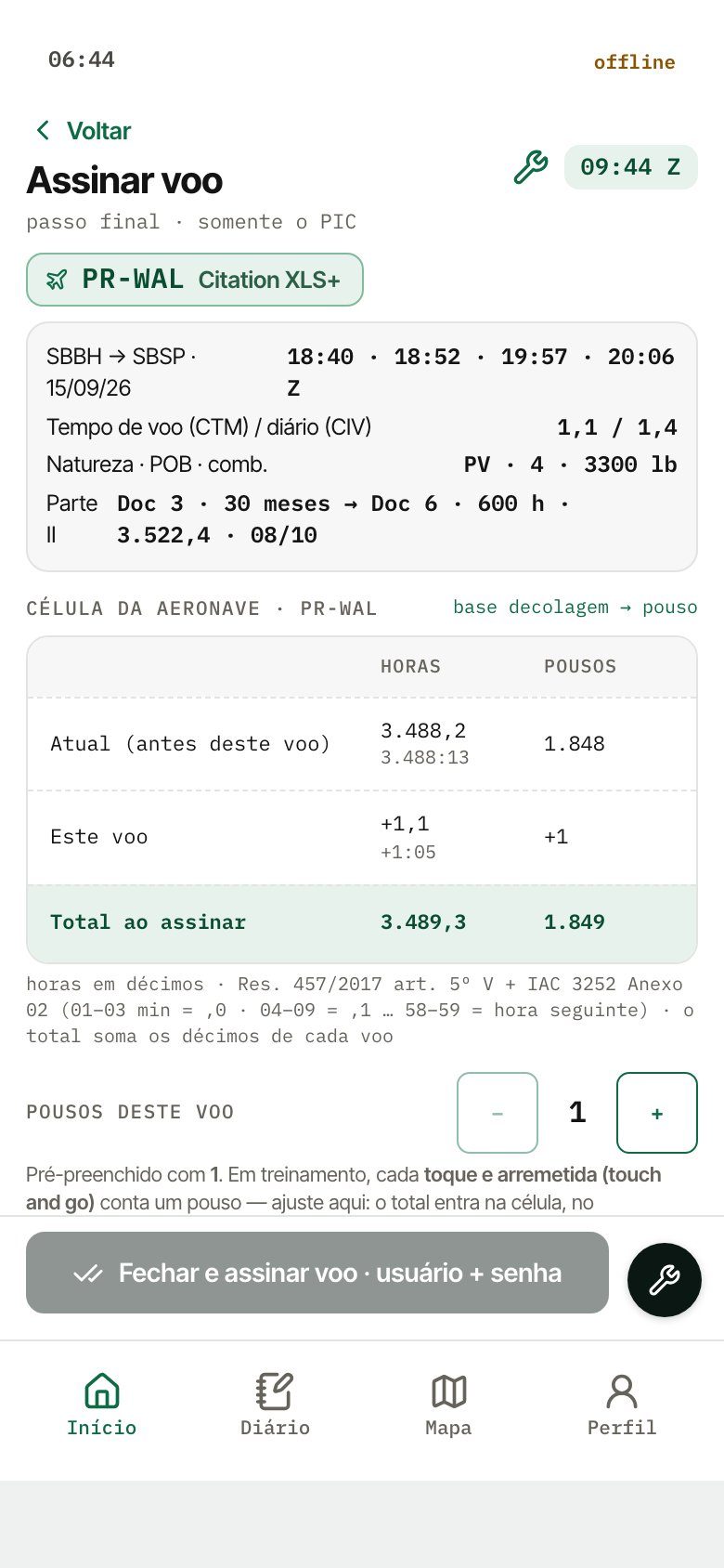 Tela de assinatura do voo no WALog, com os tempos e a célula calculados