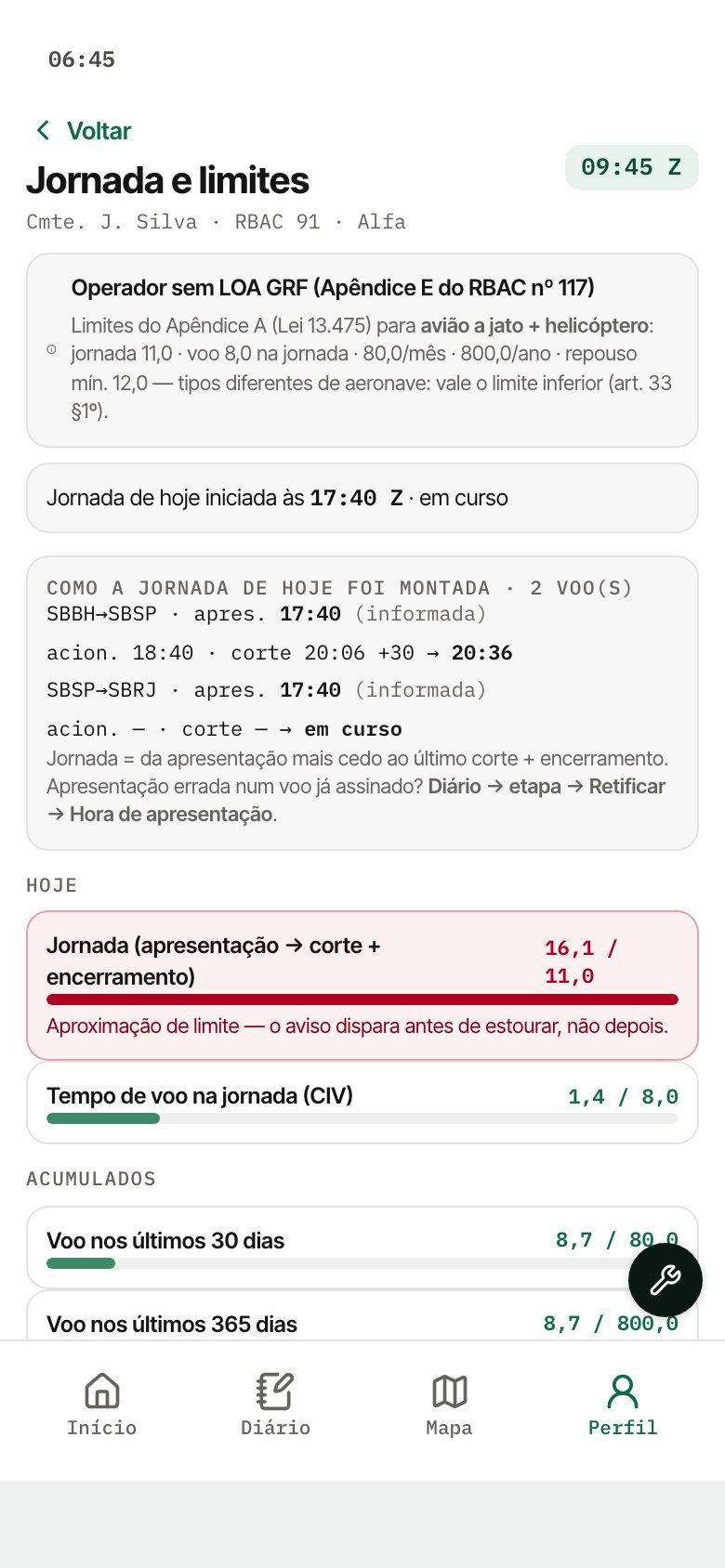 Tela de jornada e limites do WALog, com as barras de acumulado