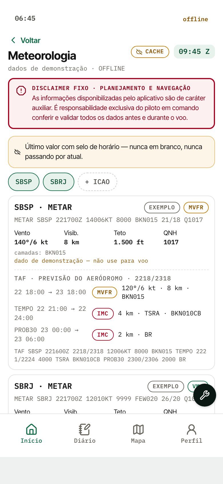 Tela de meteorologia do WALog com METAR e TAF decodificados (dados de demonstração)