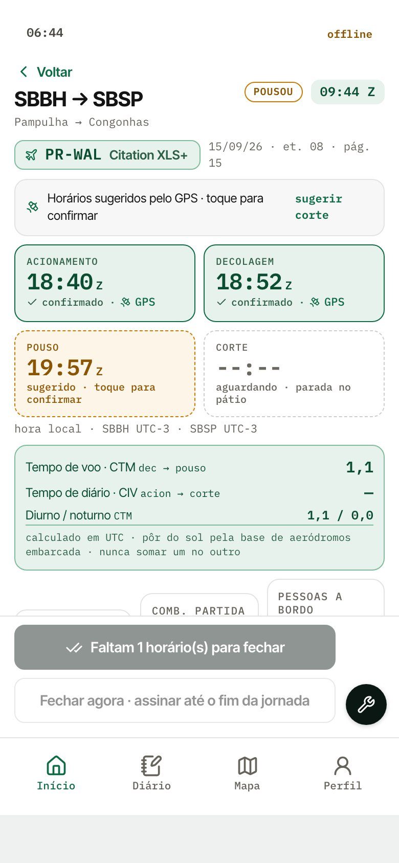 Tela do WALog com o voo aberto e os quatro relógios